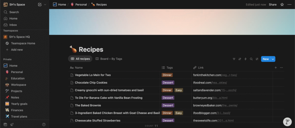 My Recipes database—started with Name + Link, expanded later with Tags once I was using it regularly.