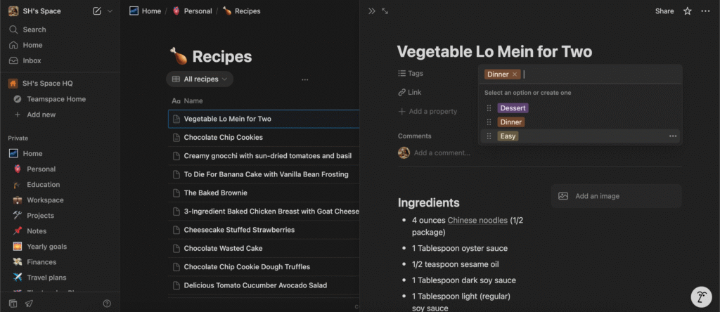 My Recipes database with expanded properties: Tags for meal type, difficulty level, and recipe links.