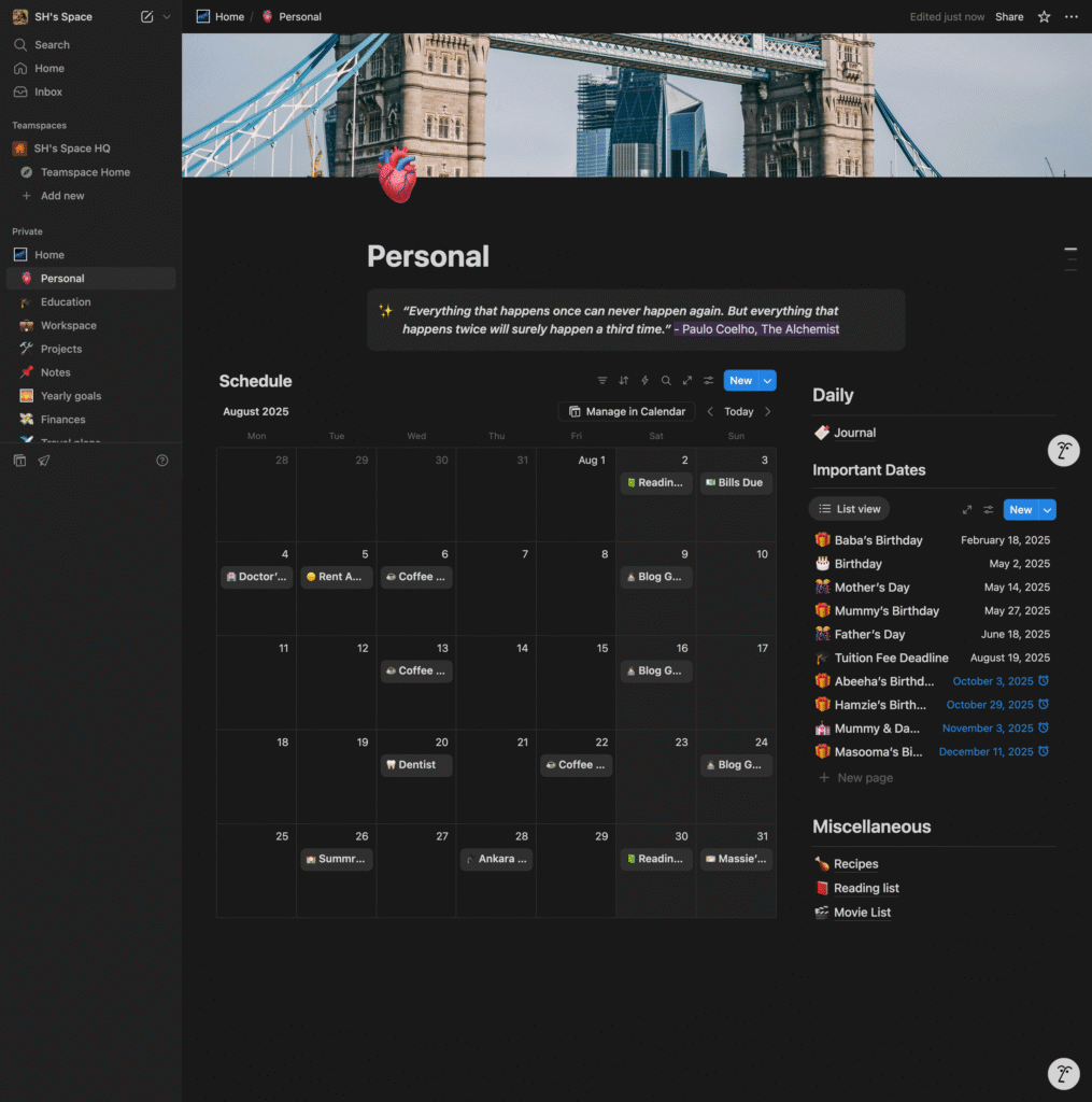 y personal dashboard in database form: journal entries, important dates, and tasks in calendar view.