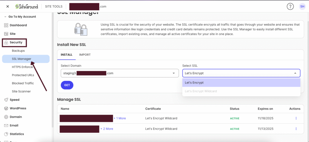 Choose Let’s Encrypt from the SSL options and apply it to your staging domain