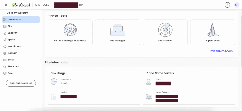 This is your Site Tools dashboard—use the left sidebar to navigate