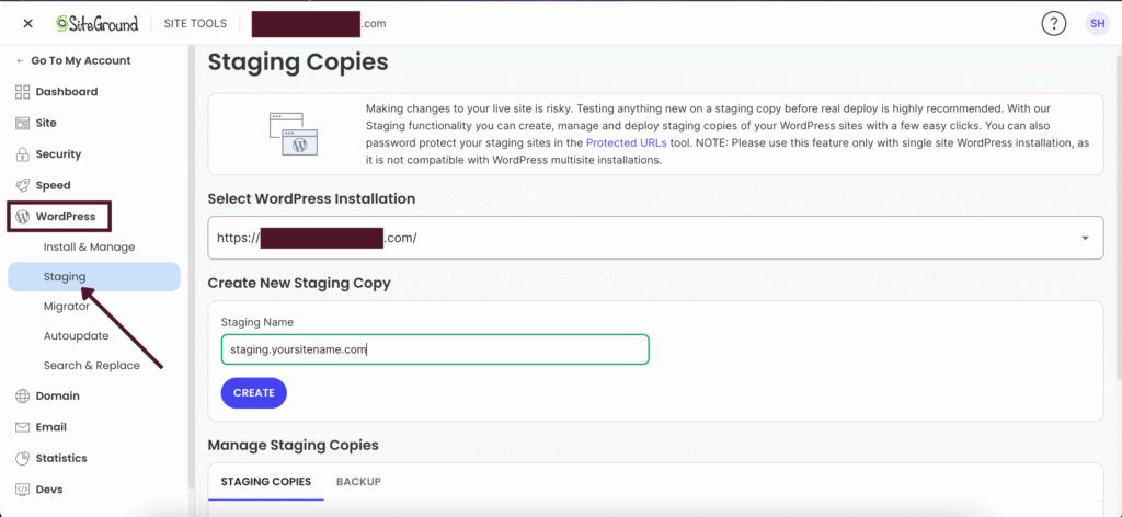 Enter a staging name (e.g., staging.yoursitename.com) and click Create