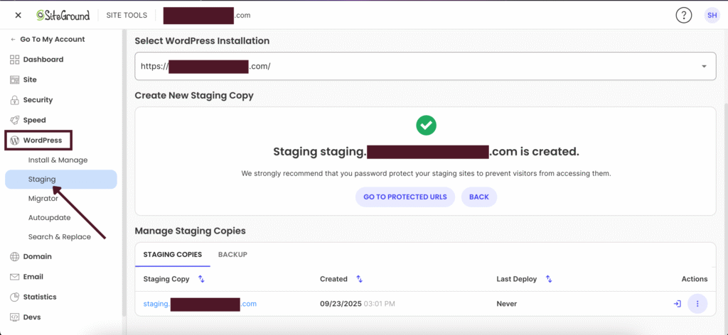 Your staging site is now created.