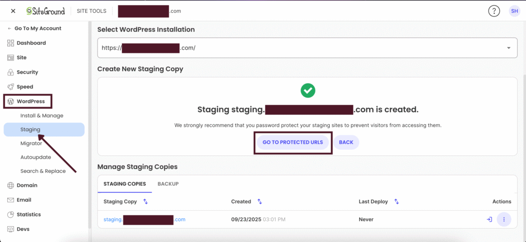 Click Go to Protected URLs to set a username and password for your staging site