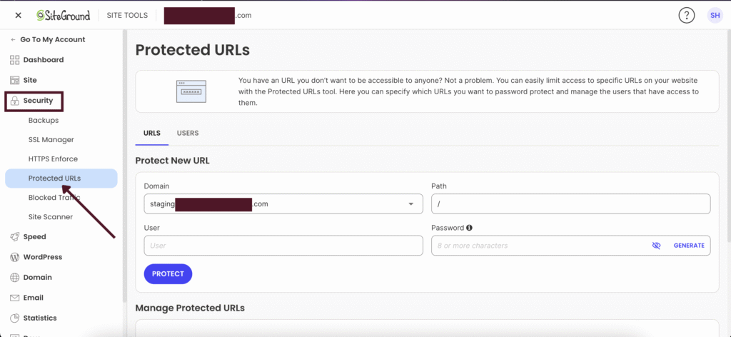 choose your staging domain, set the path to /, and create a username + password.