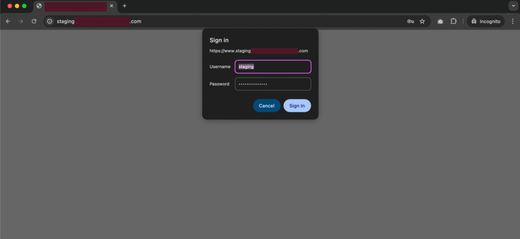 When you visit your staging site, enter the username and password you set to access it