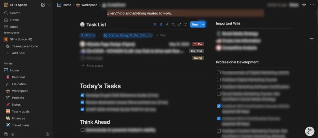 My Work Task database (blurred for privacy), showing a pre-filled template with properties and sections.