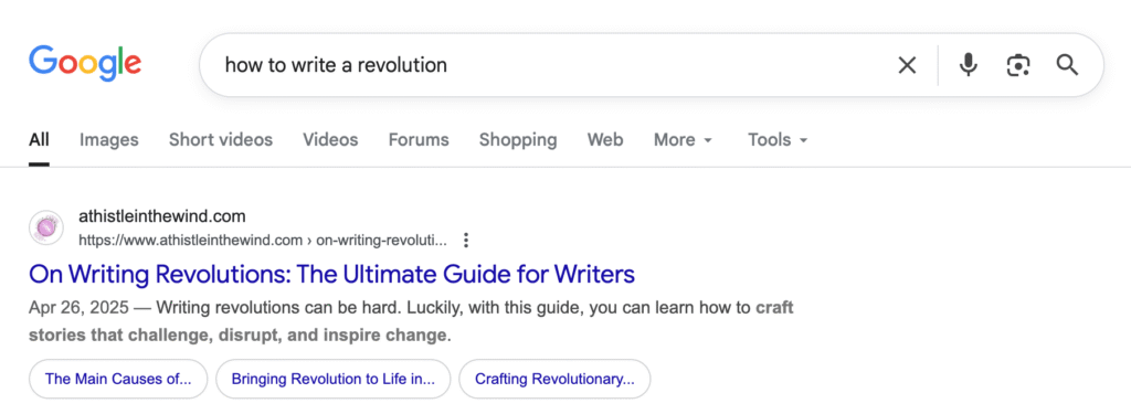 a screenshot of the revolution blog ranking the top of google!