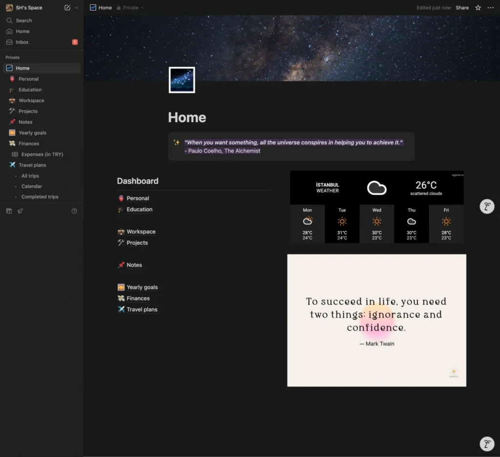 my notion home dashboard