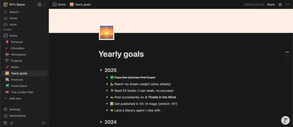 all my yearly goals in a simple notion page