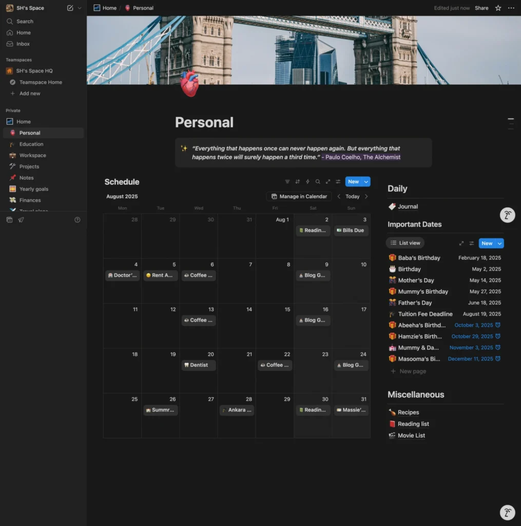 my personal dashboard in database form