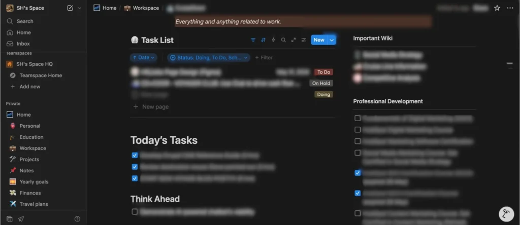 my workspace database (blurred for privacy)