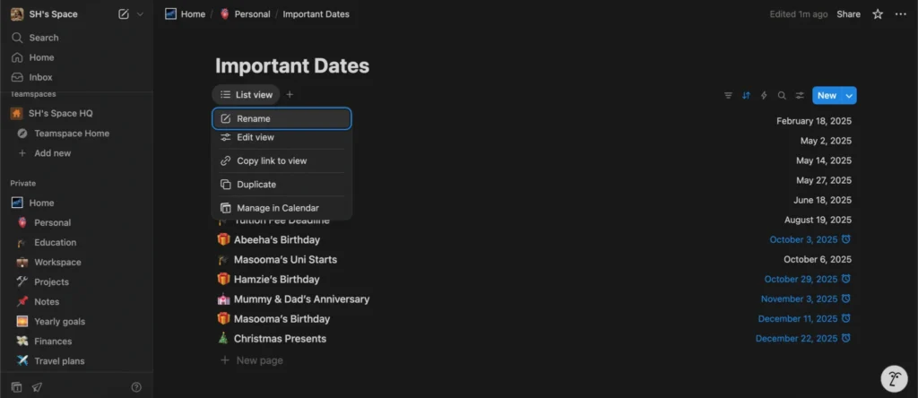 my important dates database with reminders, flipped into a calendar view