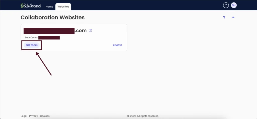 head to the websites tab → select your site → click site tools (note: certain details have been redacted for privacy)