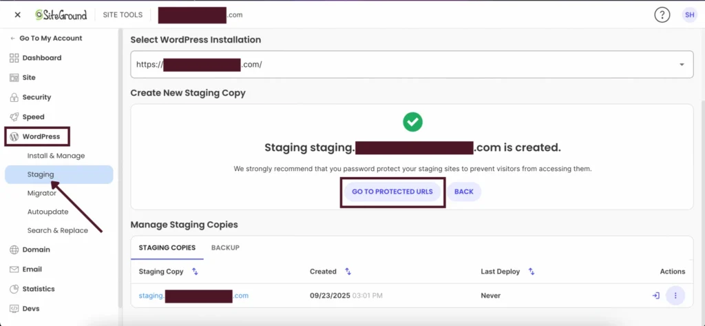 click go to protected urls to set a username and password for your staging site (this keeps your staging site private so only you, or your team, can access it)