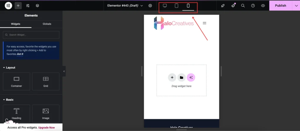 like wordpress, elementor gives you an option to switch views